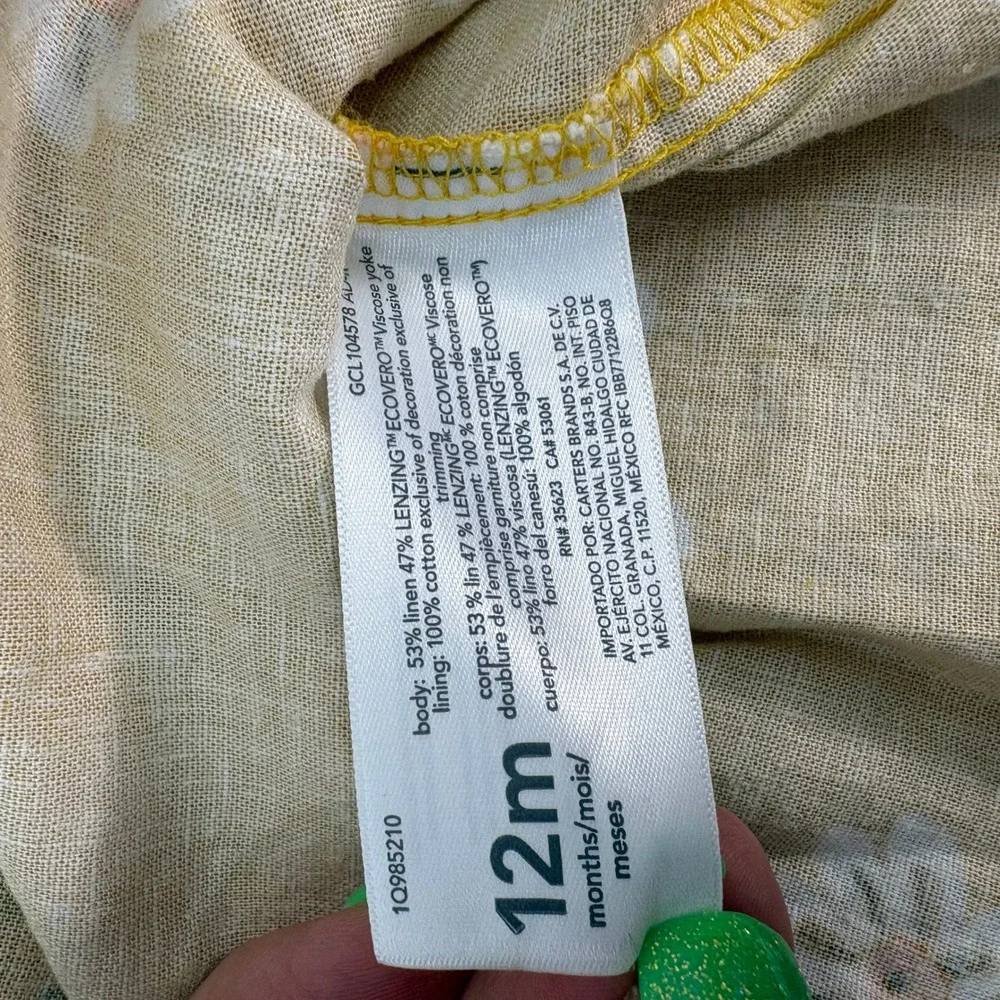 Carter's Yellow Floral Linen Blend Sun Dress Baby Girl 12M Cottagecore Summer